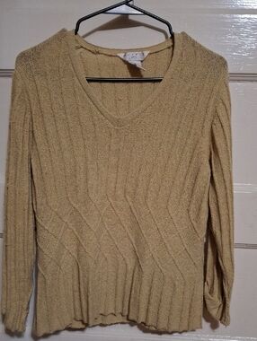 V-Neck Textured Knit Sweater in Light Beige (Mis132)